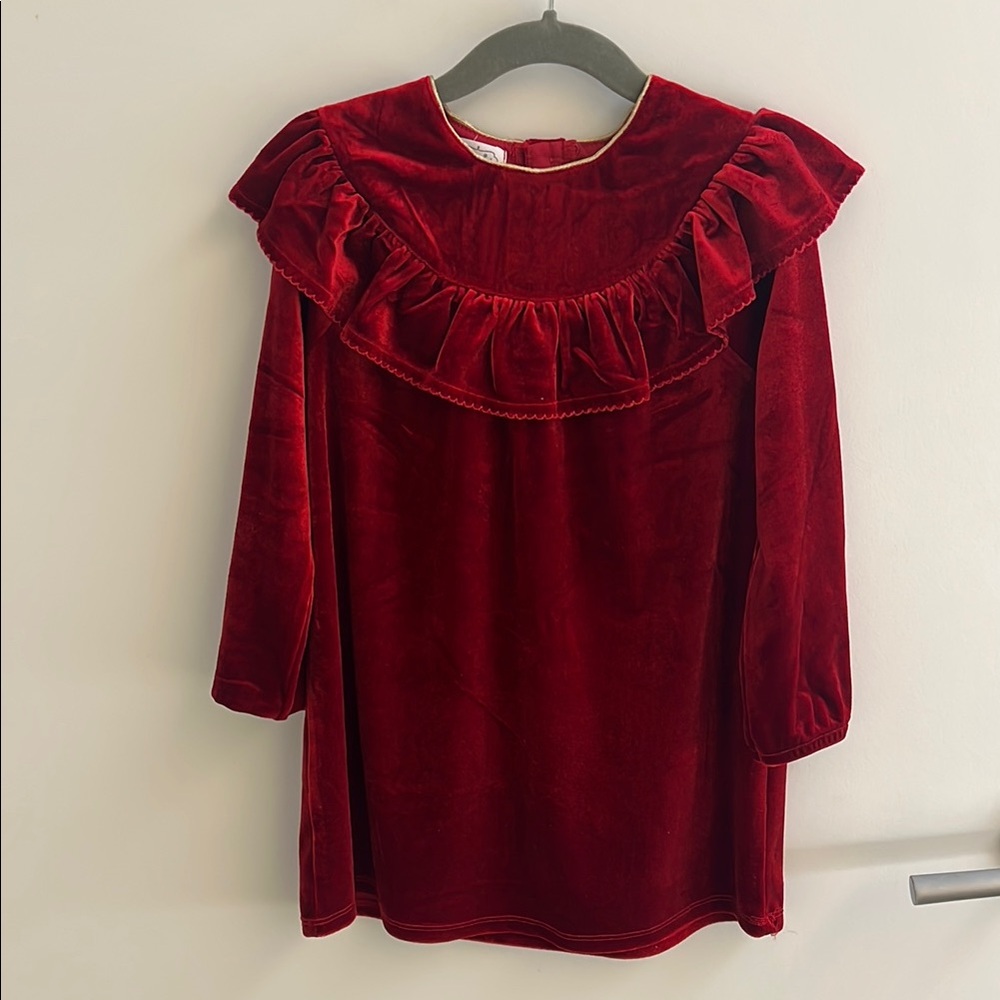 Mudpie Velvet Red Dress with Ruffle Collar and Gold Trim - 4T